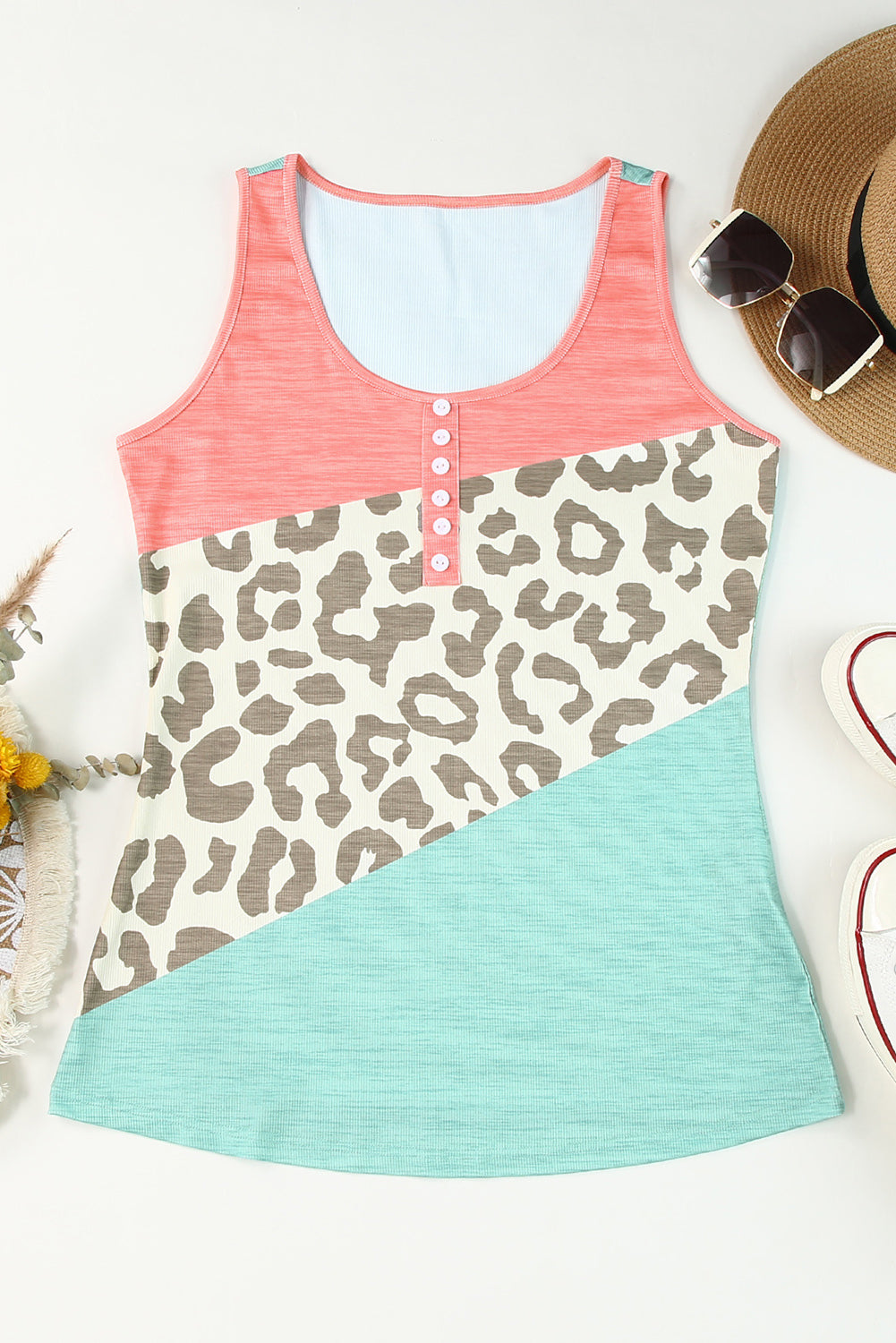Leopard Color Block Decorative Button Tank The Stout Steer
