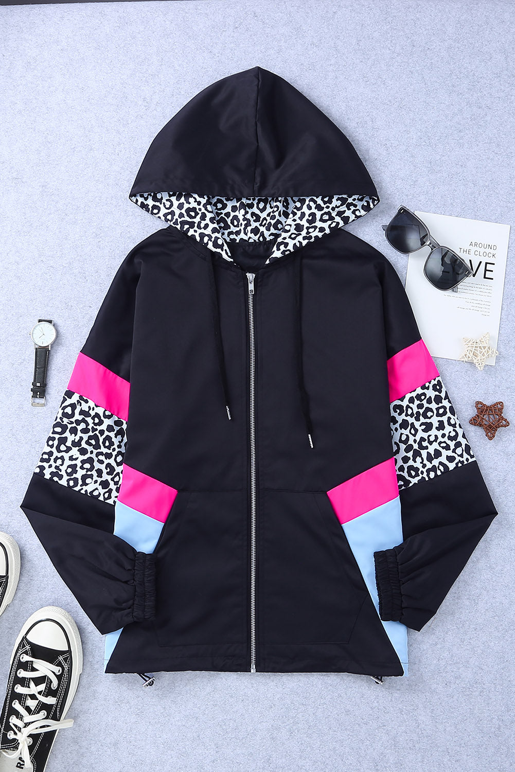 Leopard Color Block Zip-Up Hooded Jacket The Stout Steer