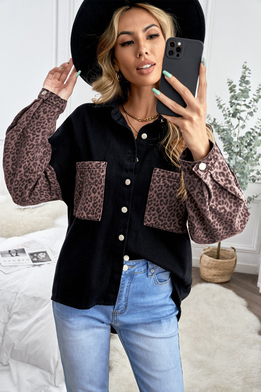 Leopard Contrast Denim Top The Stout Steer