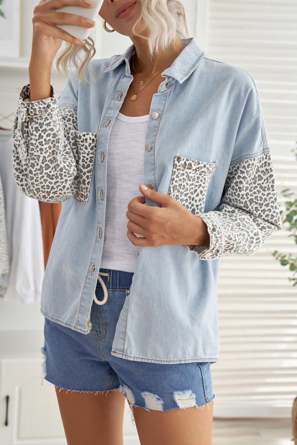 Leopard Contrast Denim Top The Stout Steer