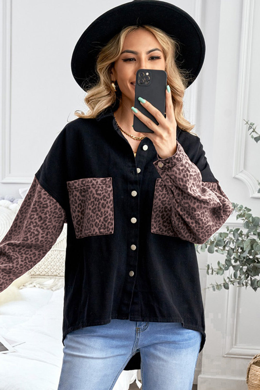 Leopard Contrast Denim Top The Stout Steer