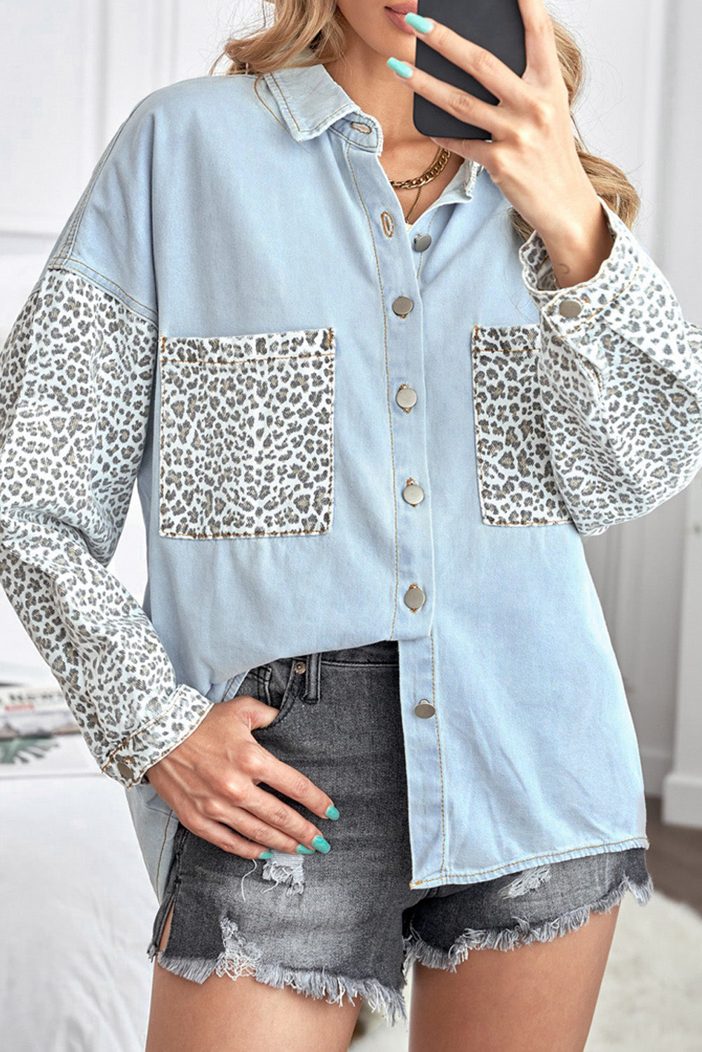 Leopard Contrast Denim Top The Stout Steer