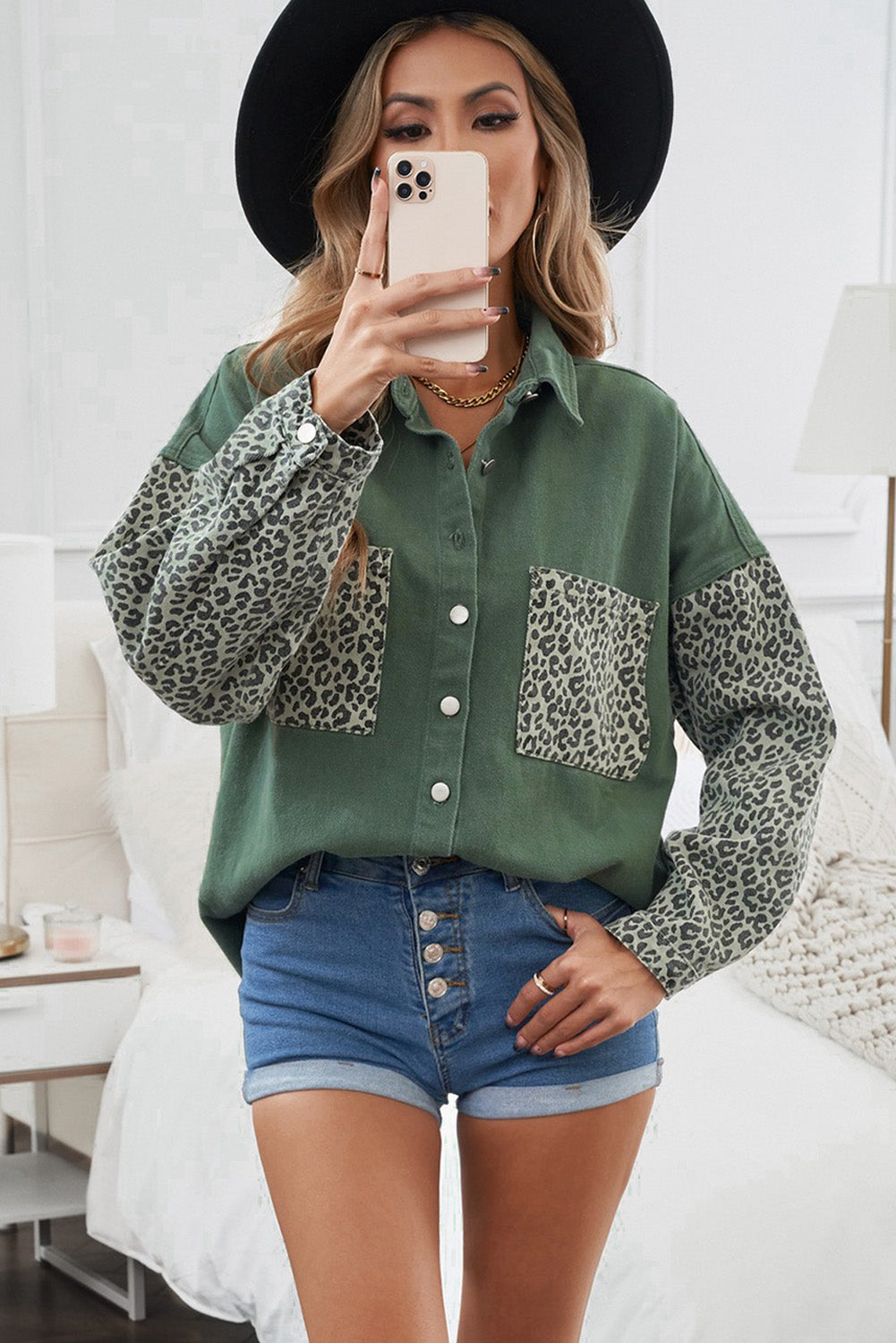 Leopard Contrast Denim Top The Stout Steer