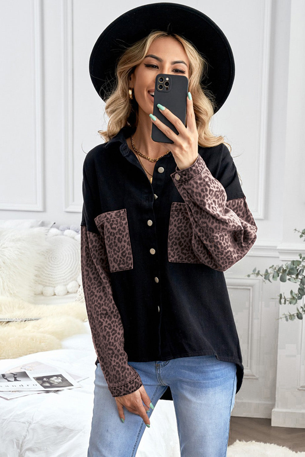 Leopard Contrast Denim Top The Stout Steer
