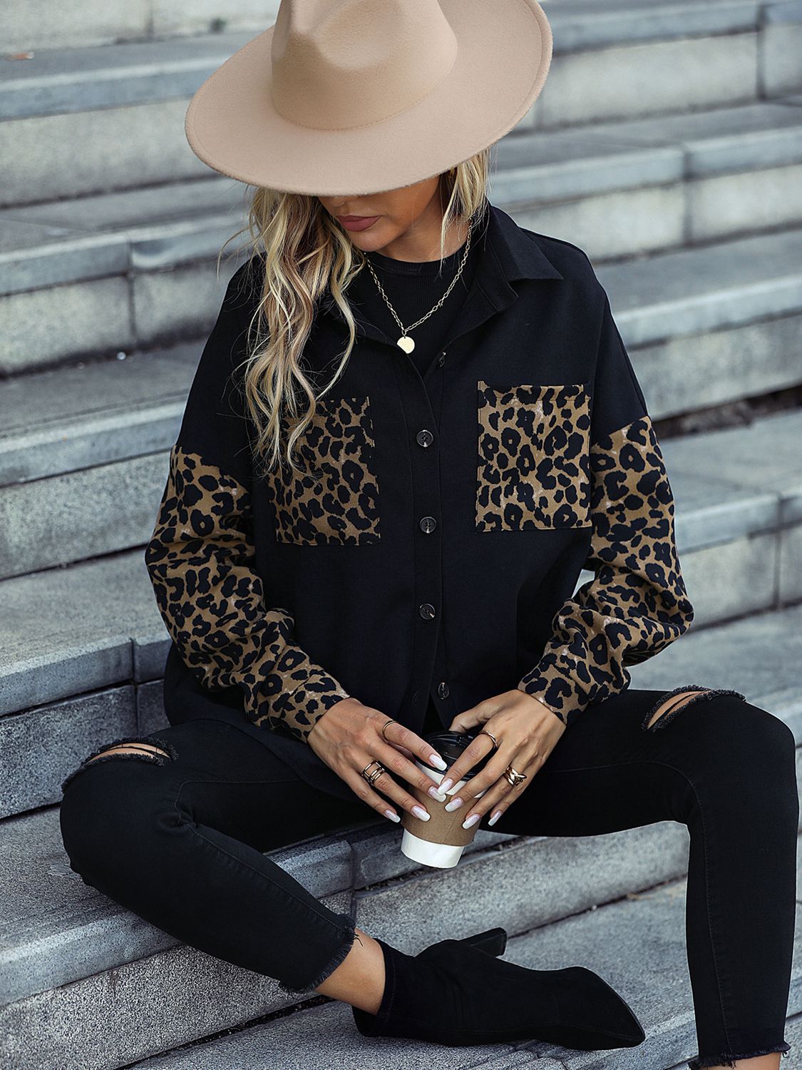 Leopard Print Buttoned Dropped Shoulder Jacket The Stout Steer