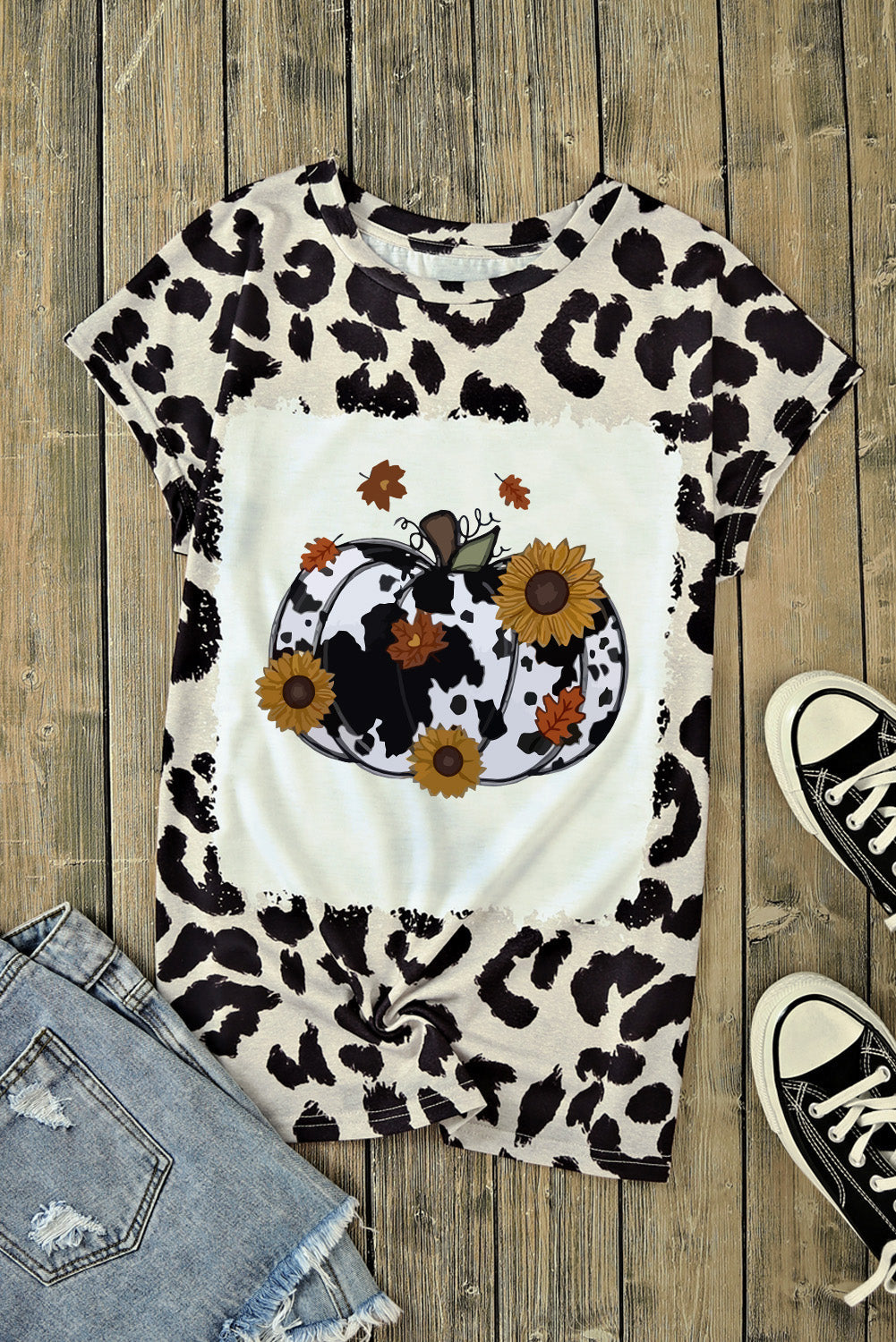 Leopard Print Round Neck Pumpkin Graphic Tee The Stout Steer