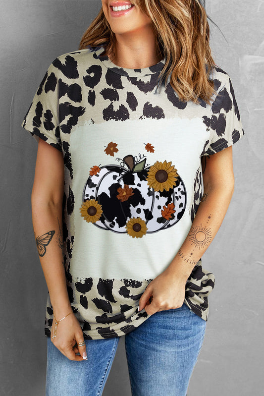 Leopard Print Round Neck Pumpkin Graphic Tee The Stout Steer