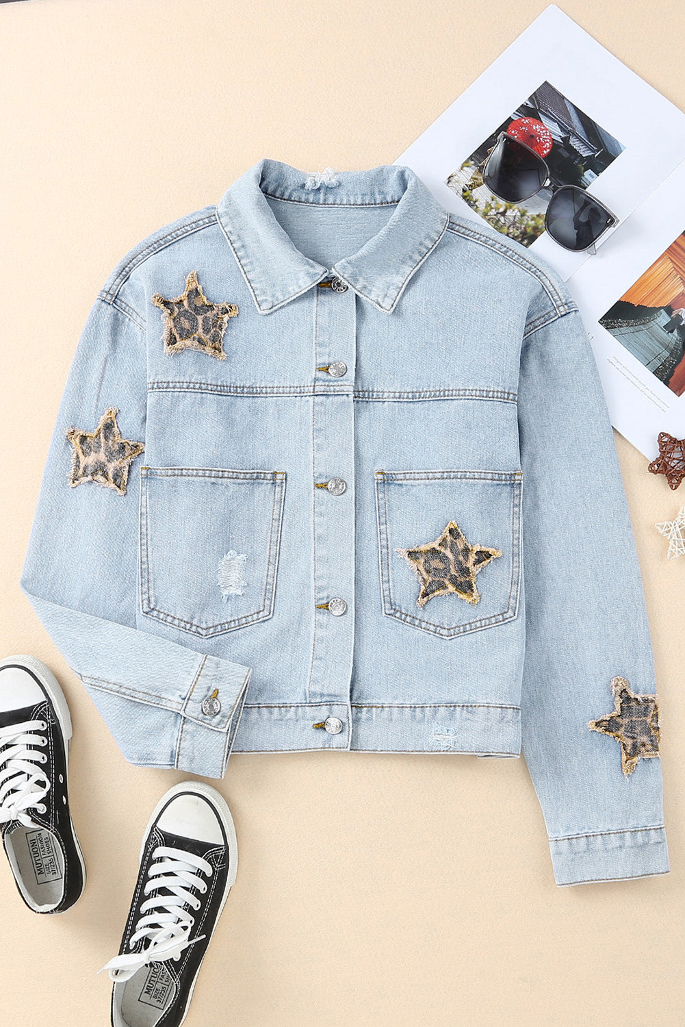 Leopard Star Applique Distressed Denim Jacket The Stout Steer