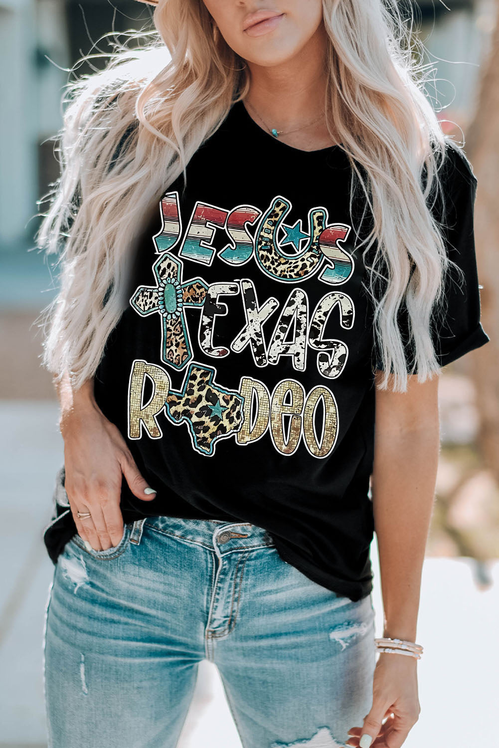 Letter Graphic Round Neck Tee Shirt The Stout Steer