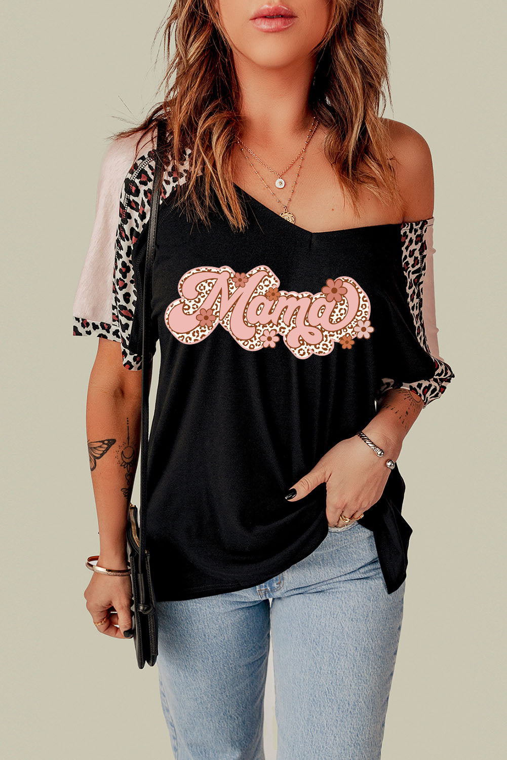 MAMA Graphic Leopard V-Neck Tee Shirt The Stout Steer