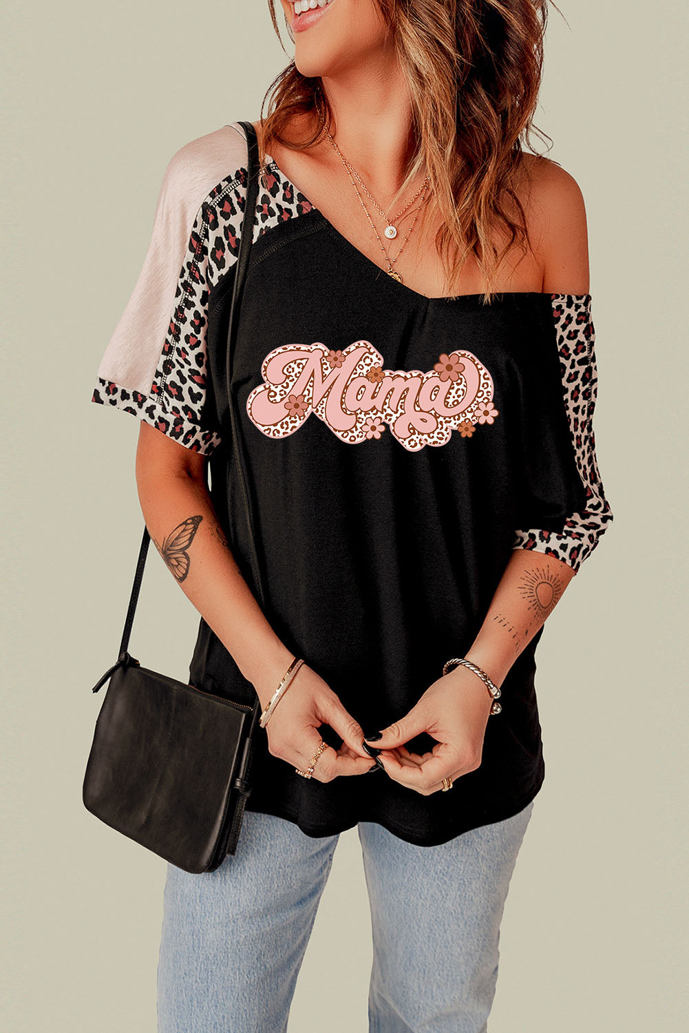 MAMA Graphic Leopard V-Neck Tee Shirt The Stout Steer