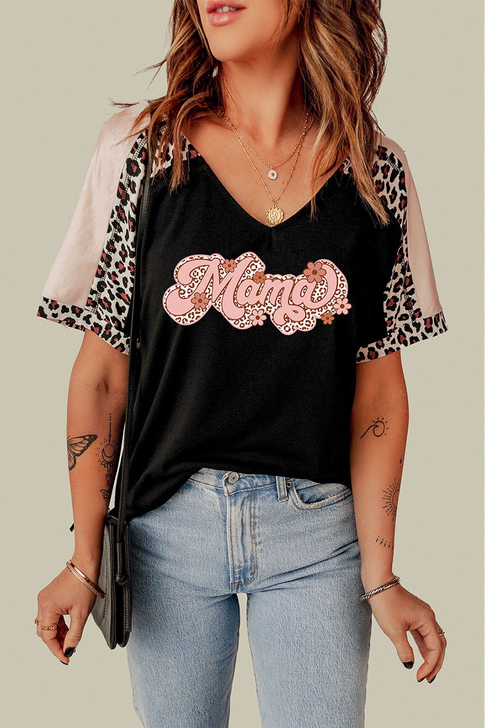 MAMA Graphic Leopard V-Neck Tee Shirt The Stout Steer