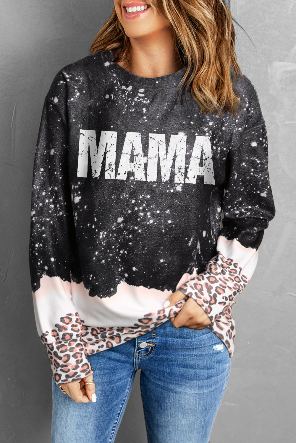 MAMA Leopard Color Block Round Neck Sweatshirt The Stout Steer