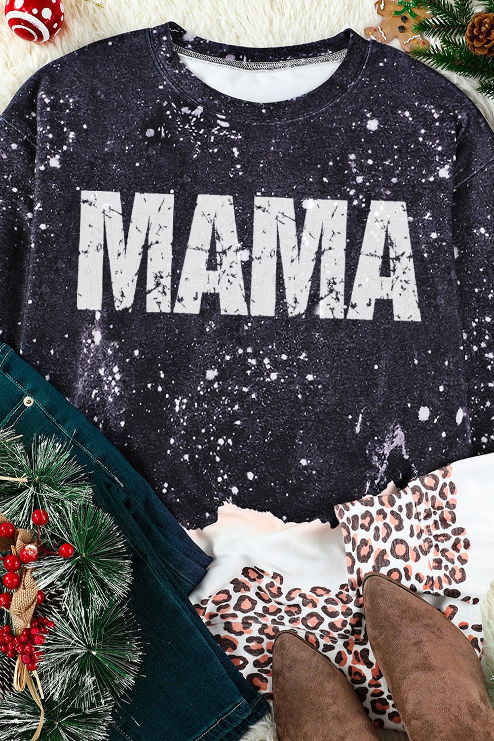 MAMA Leopard Color Block Round Neck Sweatshirt The Stout Steer