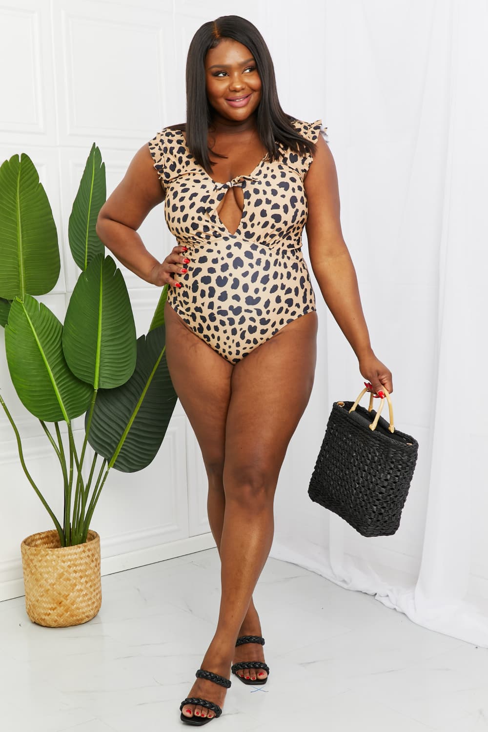 Marina West Swim Seashell Ruffle Sleeve One-Piece in Leopard The Stout Steer