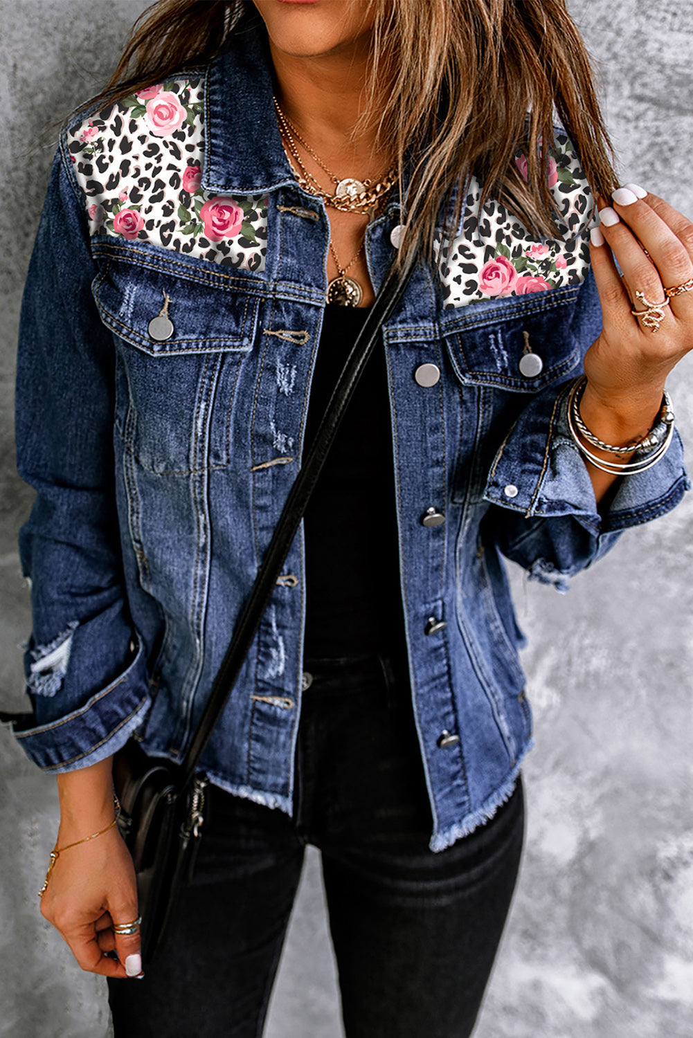 Mixed Print Distressed Button Front Denim Jacket The Stout Steer