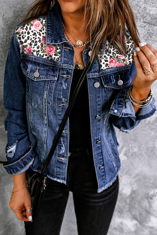 Mixed Print Distressed Button Front Denim Jacket The Stout Steer