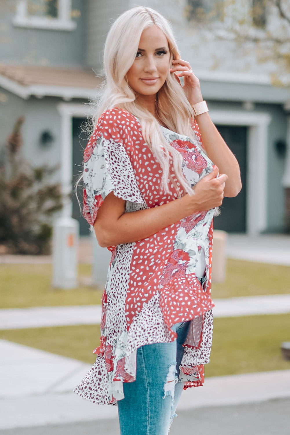 Mixed Print Ruffle Hem Kimono The Stout Steer