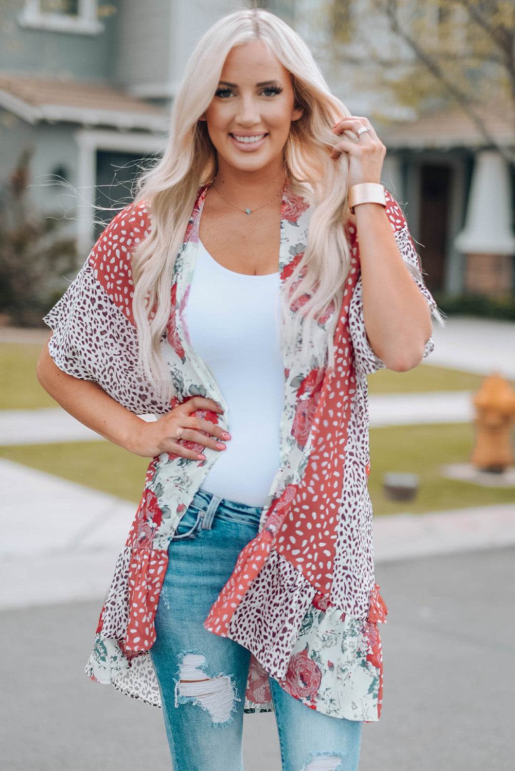Mixed Print Ruffle Hem Kimono The Stout Steer