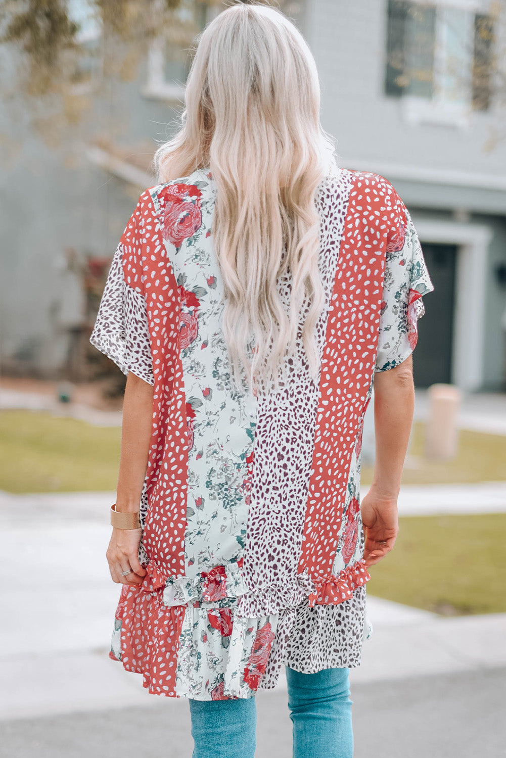Mixed Print Ruffle Hem Kimono The Stout Steer