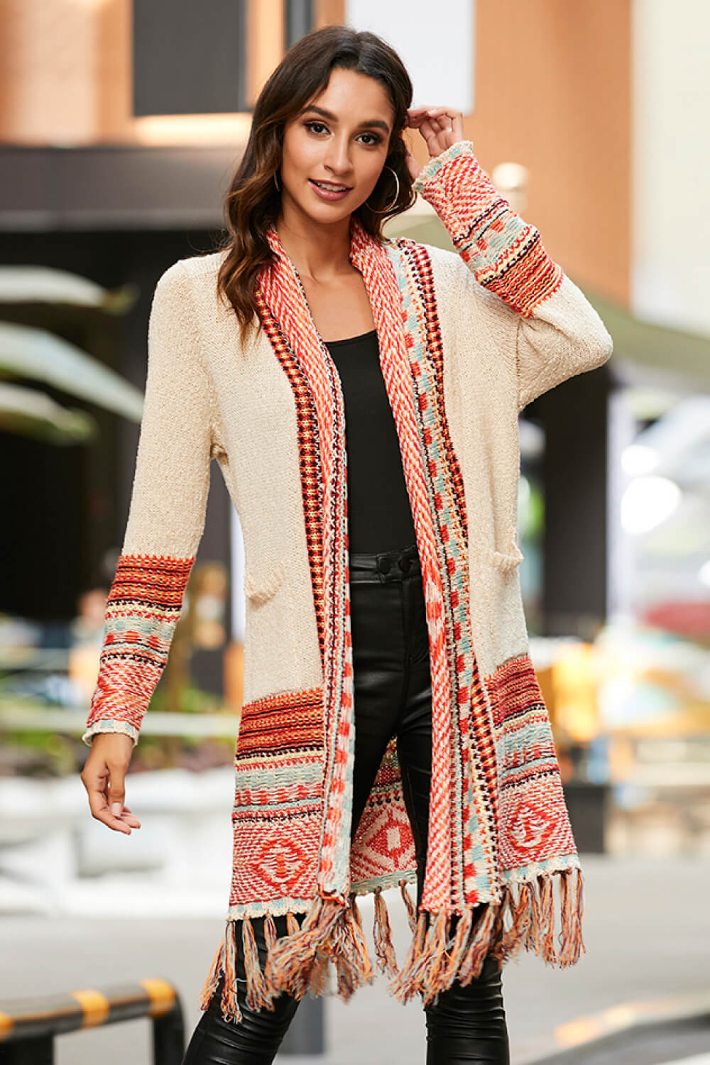 Multicolored Tassel Hem Open Front Cardigan The Stout Steer