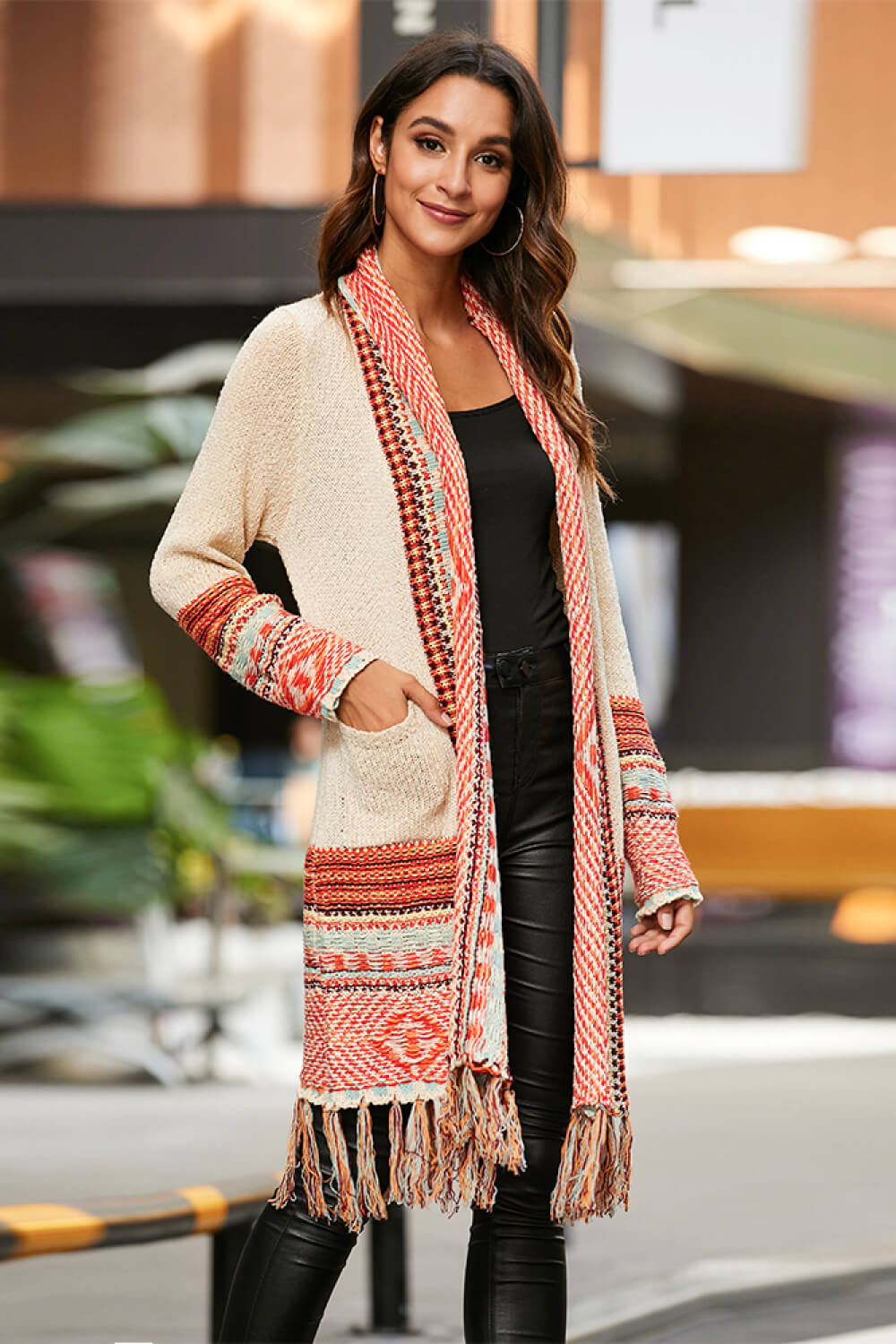 Multicolored Tassel Hem Open Front Cardigan The Stout Steer