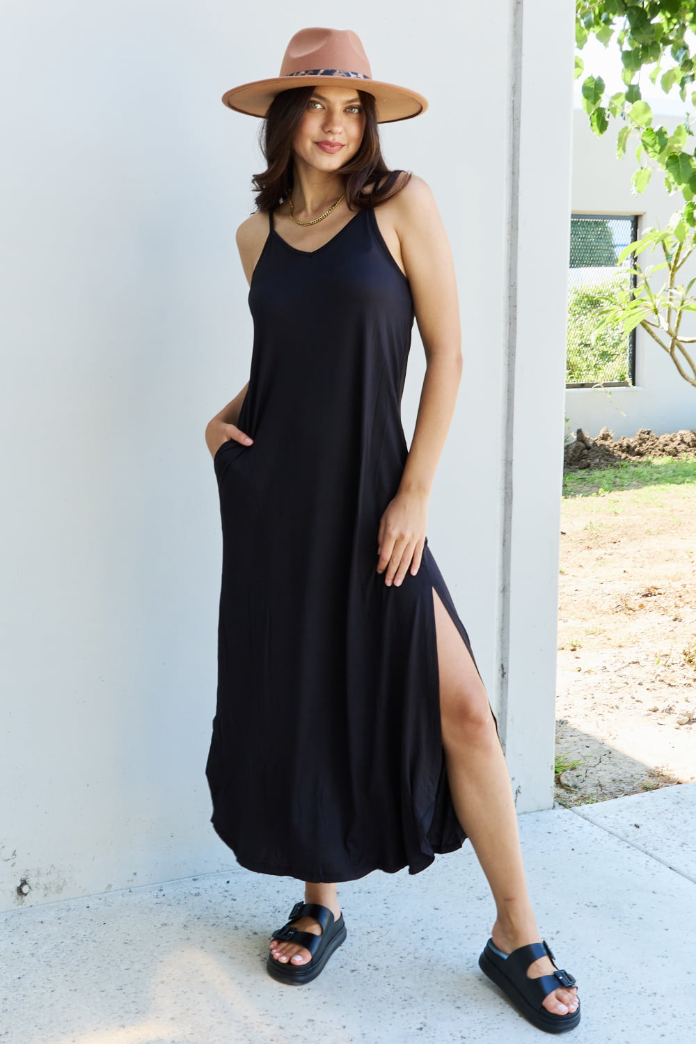Ninexis Good Energy Full Size Cami Side Slit Maxi Dress in Black The Stout Steer