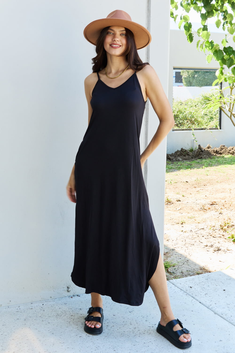Ninexis Good Energy Full Size Cami Side Slit Maxi Dress in Black The Stout Steer