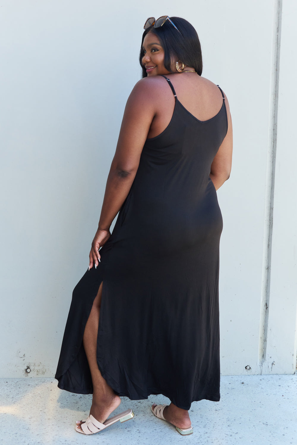 Ninexis Good Energy Full Size Cami Side Slit Maxi Dress in Black The Stout Steer