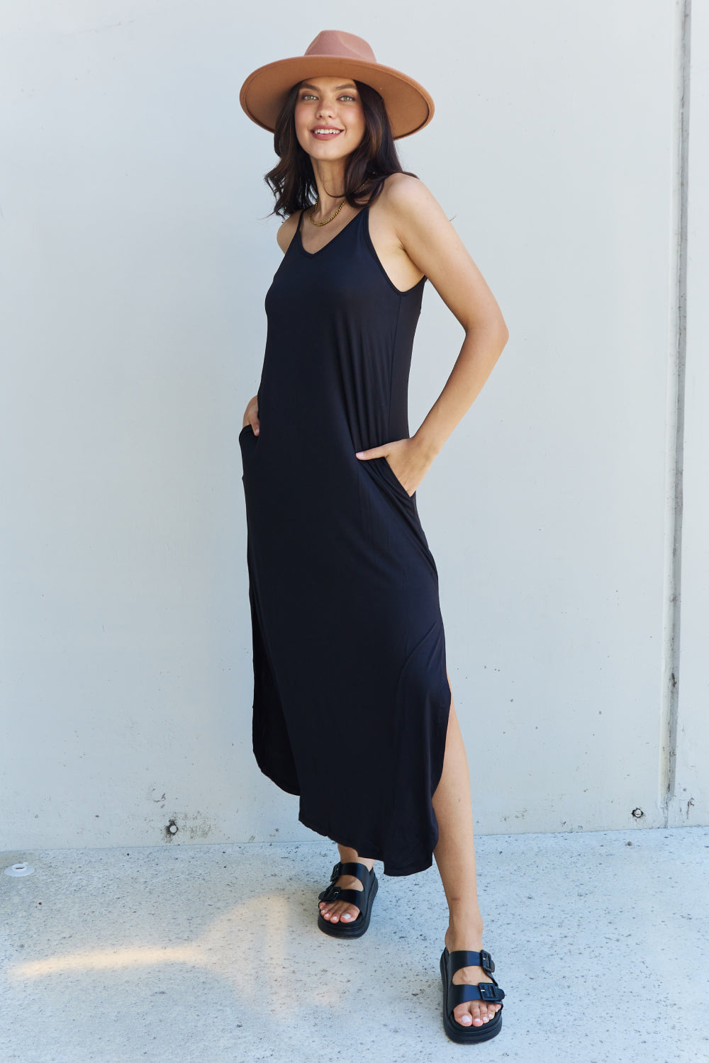 Ninexis Good Energy Full Size Cami Side Slit Maxi Dress in Black The Stout Steer