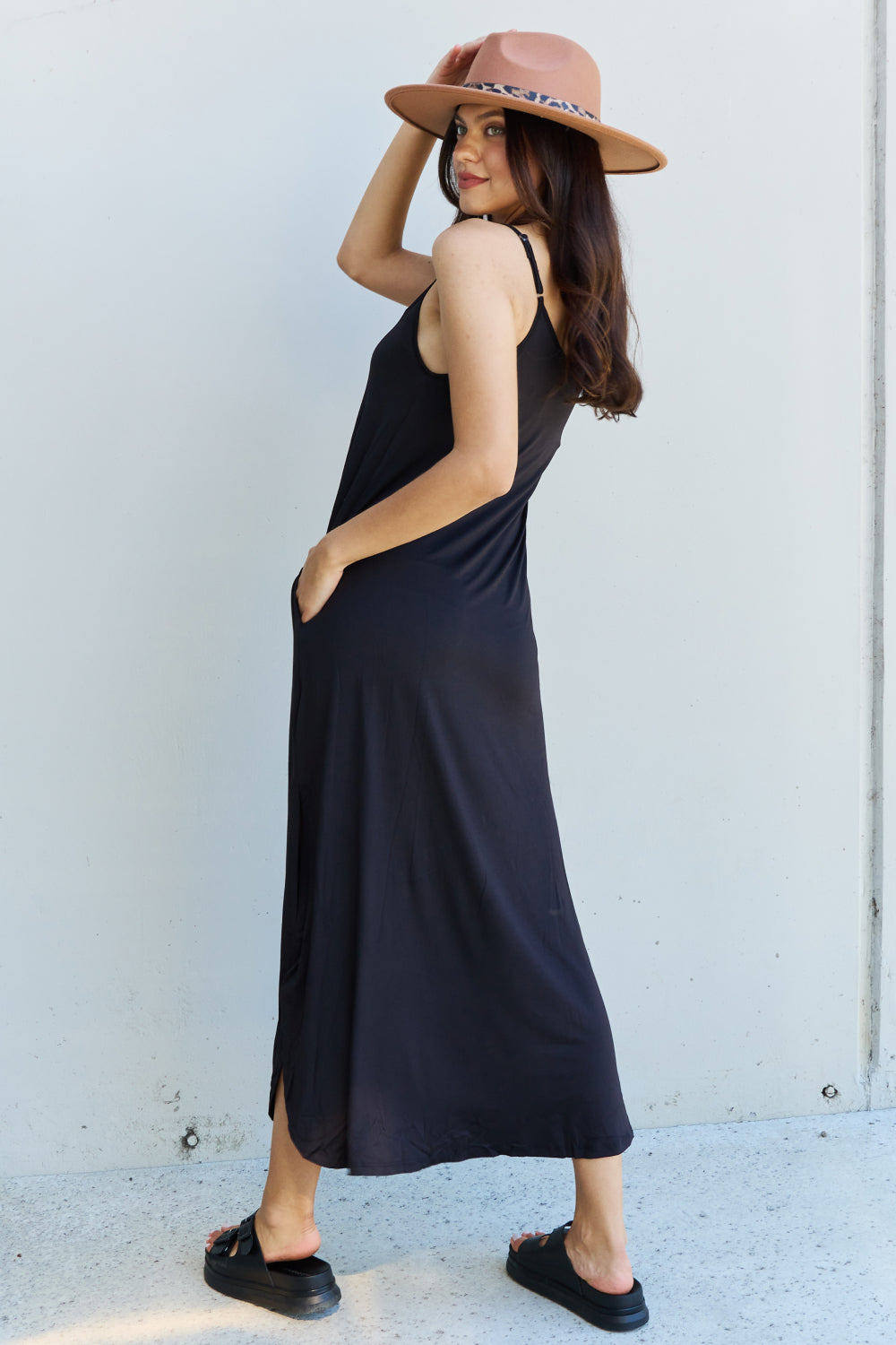 Ninexis Good Energy Full Size Cami Side Slit Maxi Dress in Black The Stout Steer