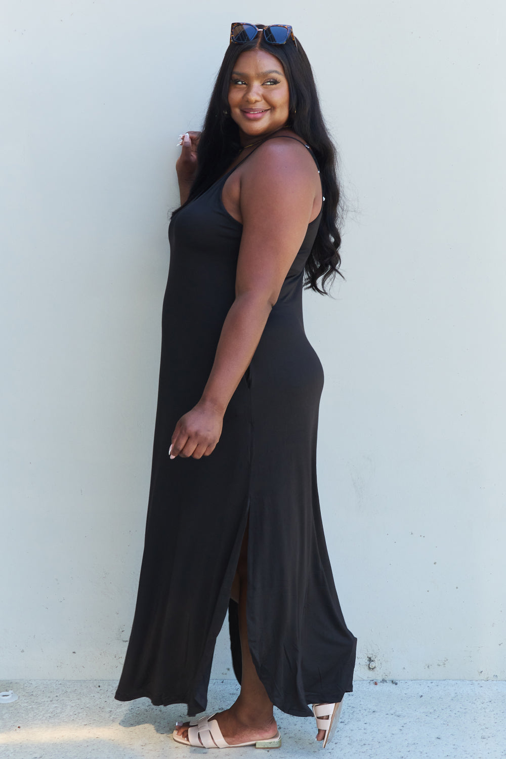 Ninexis Good Energy Full Size Cami Side Slit Maxi Dress in Black The Stout Steer