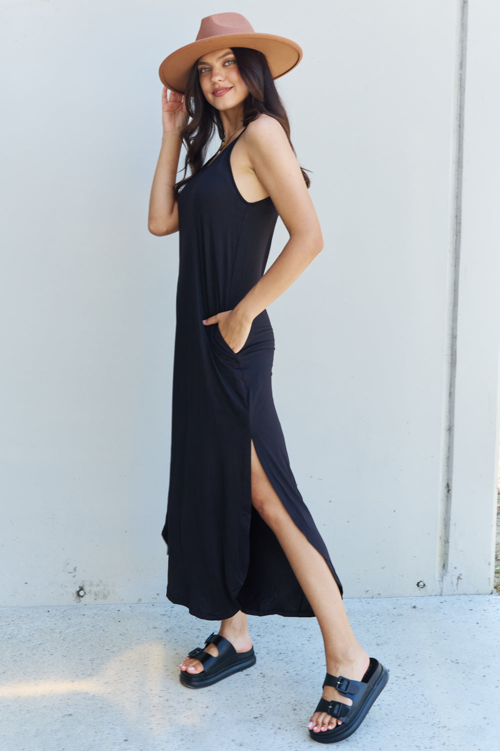 Ninexis Good Energy Full Size Cami Side Slit Maxi Dress in Black The Stout Steer