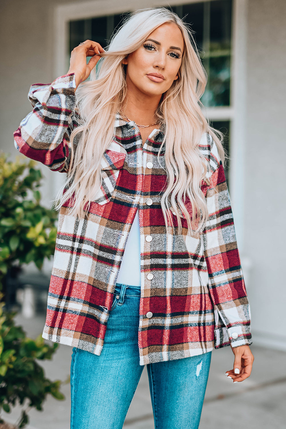 Plaid Button Front Shirt Jacket with Breast Pockets The Stout Steer