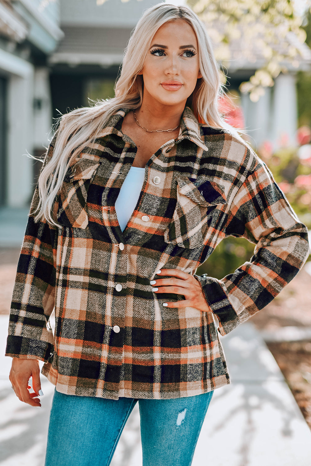 Plaid Button Front Shirt Jacket with Breast Pockets The Stout Steer