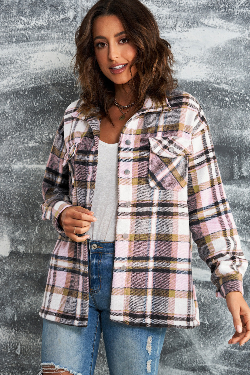Plaid Button Front Shirt Jacket with Breast Pockets The Stout Steer