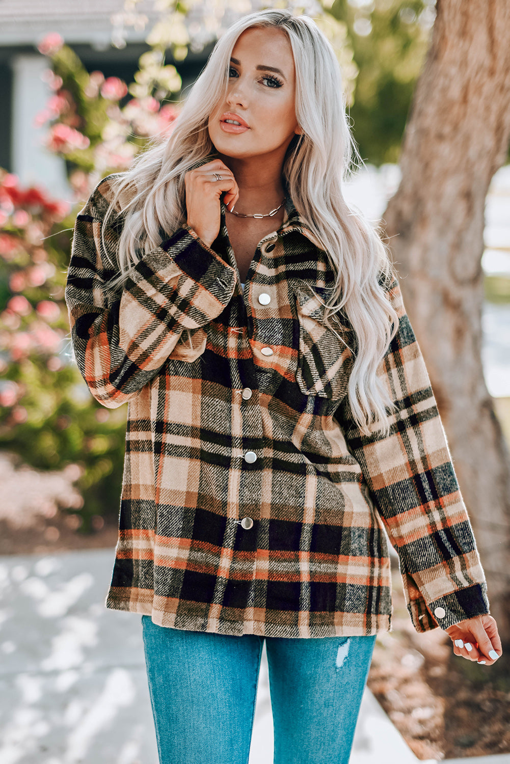 Plaid Button Front Shirt Jacket with Breast Pockets The Stout Steer