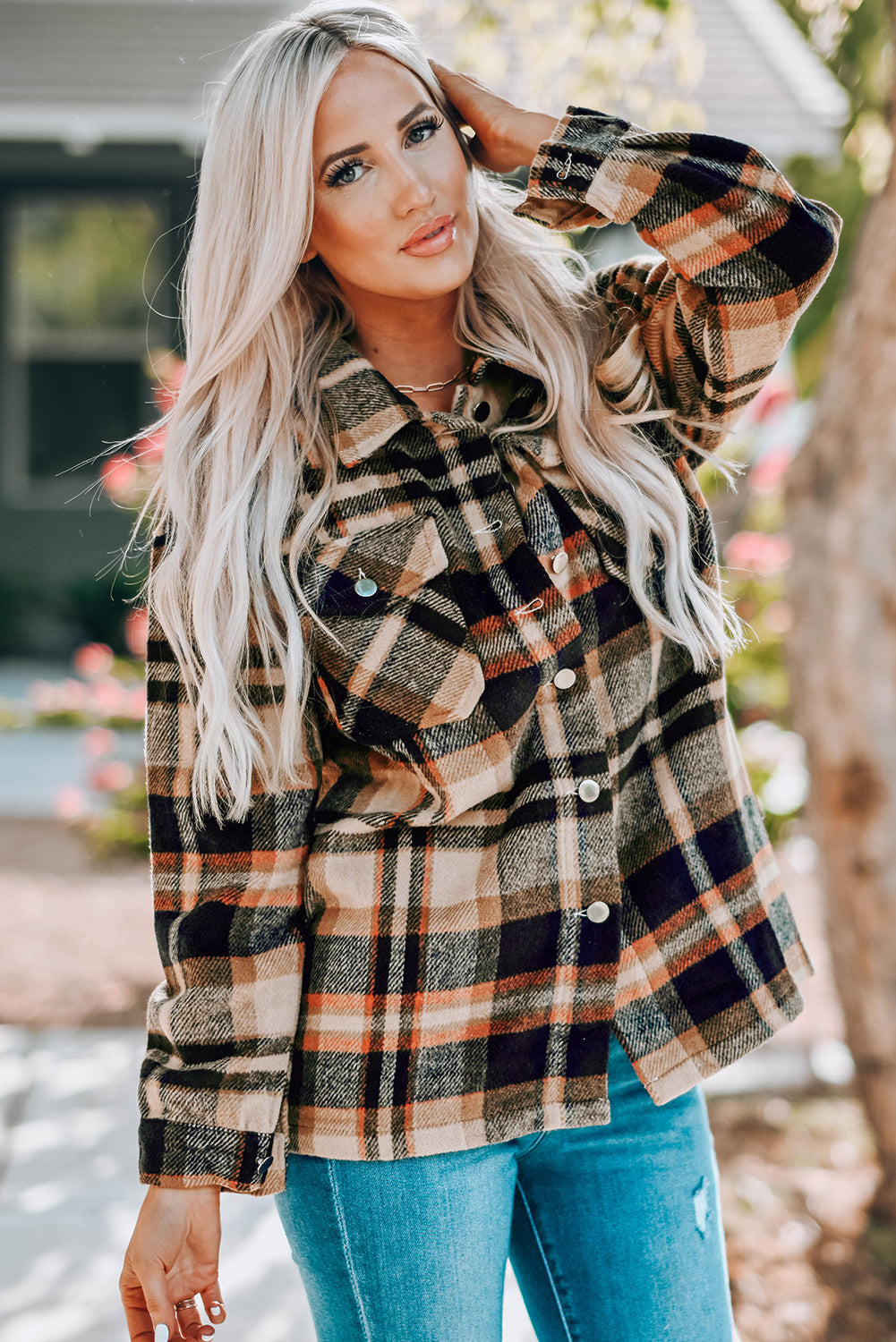 Plaid Button Front Shirt Jacket with Breast Pockets The Stout Steer