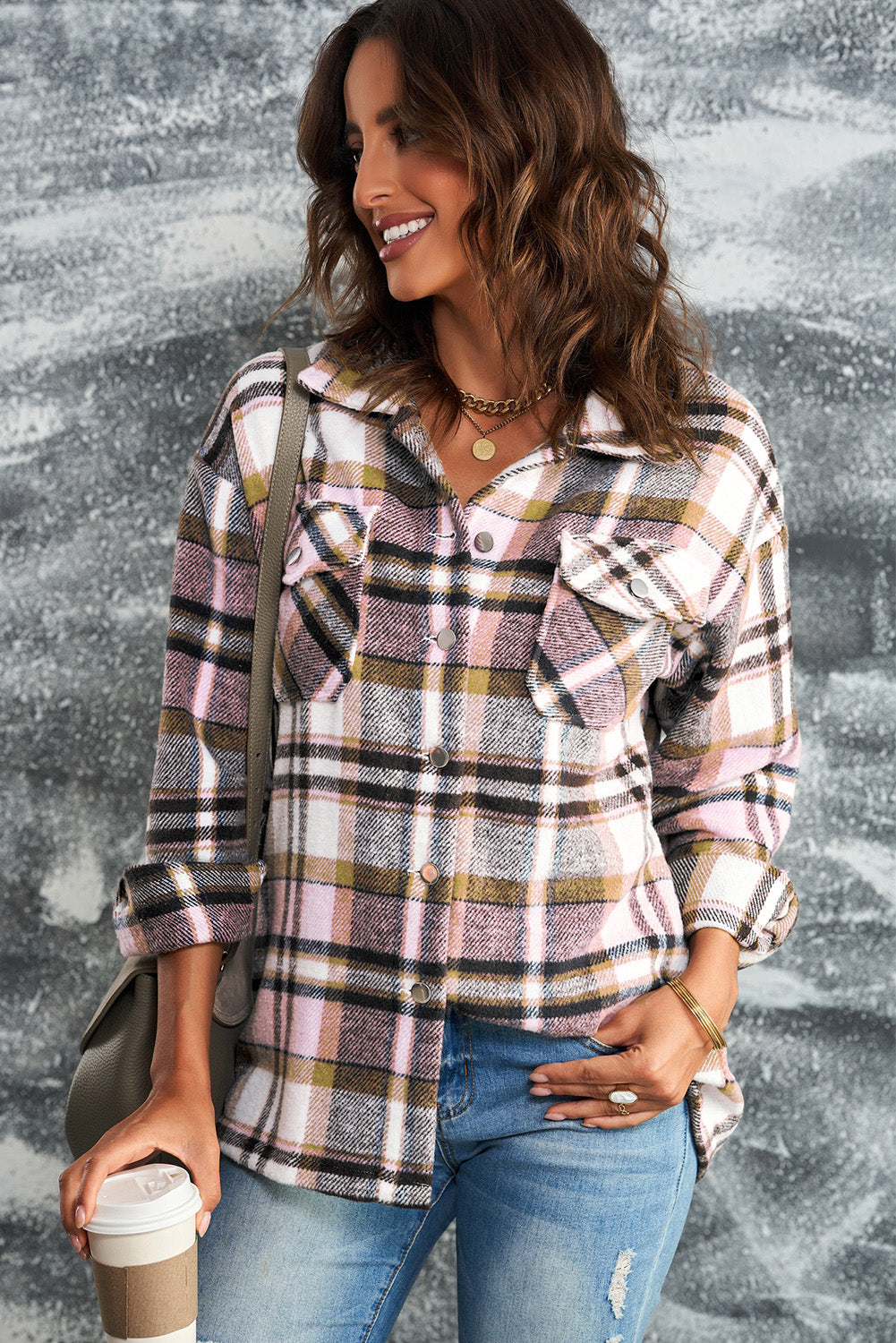 Plaid Button Front Shirt Jacket with Breast Pockets The Stout Steer