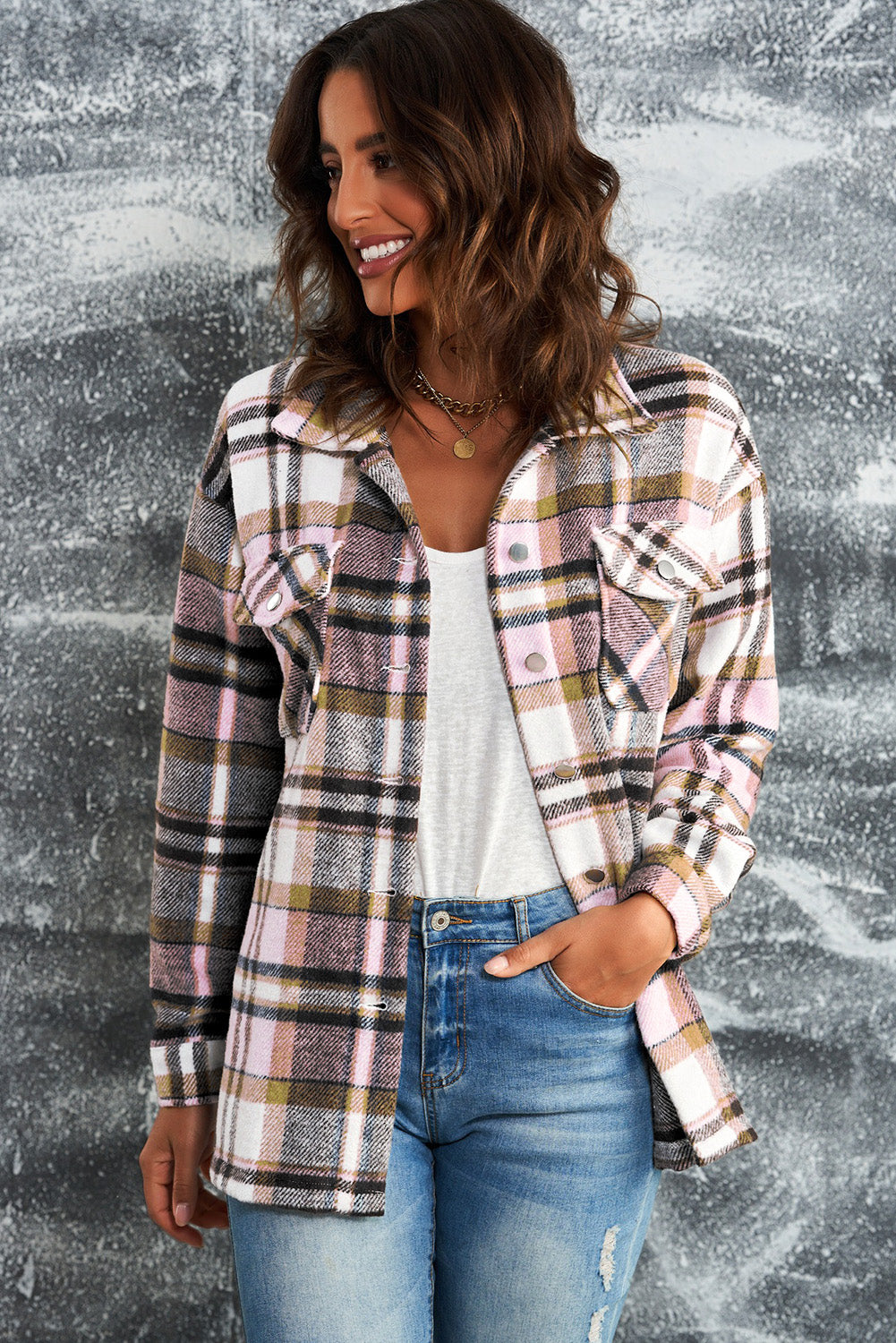 Plaid Button Front Shirt Jacket with Breast Pockets The Stout Steer