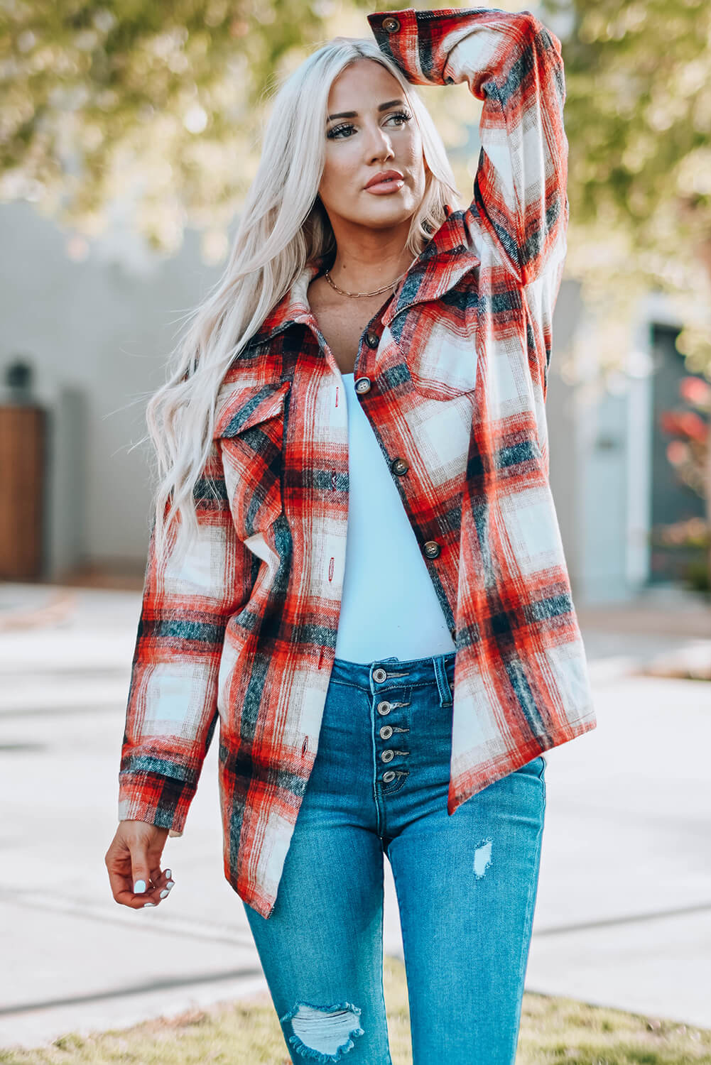 Plaid Button Up Shirt Jacket with Pockets The Stout Steer