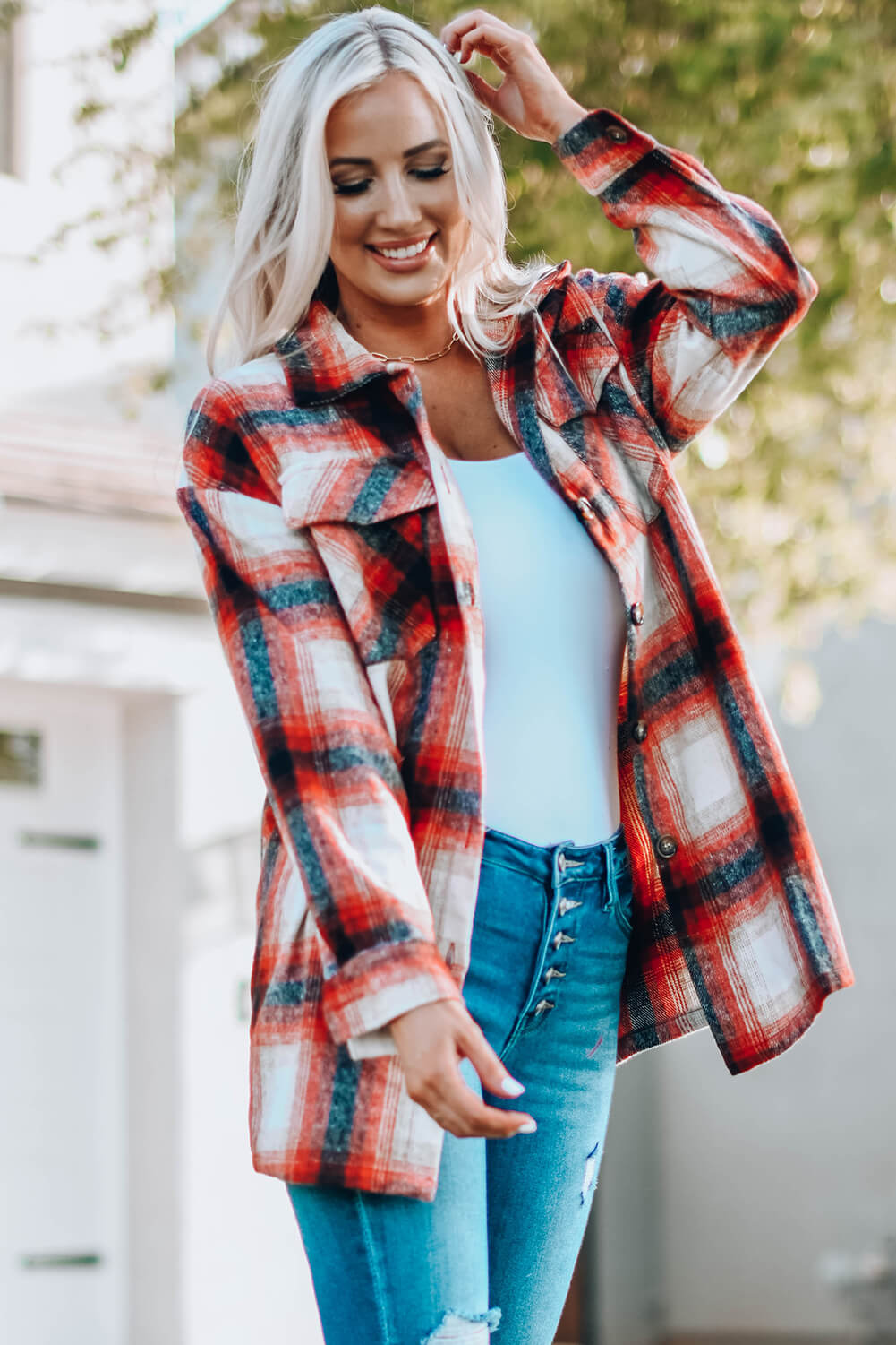 Plaid Button Up Shirt Jacket with Pockets The Stout Steer