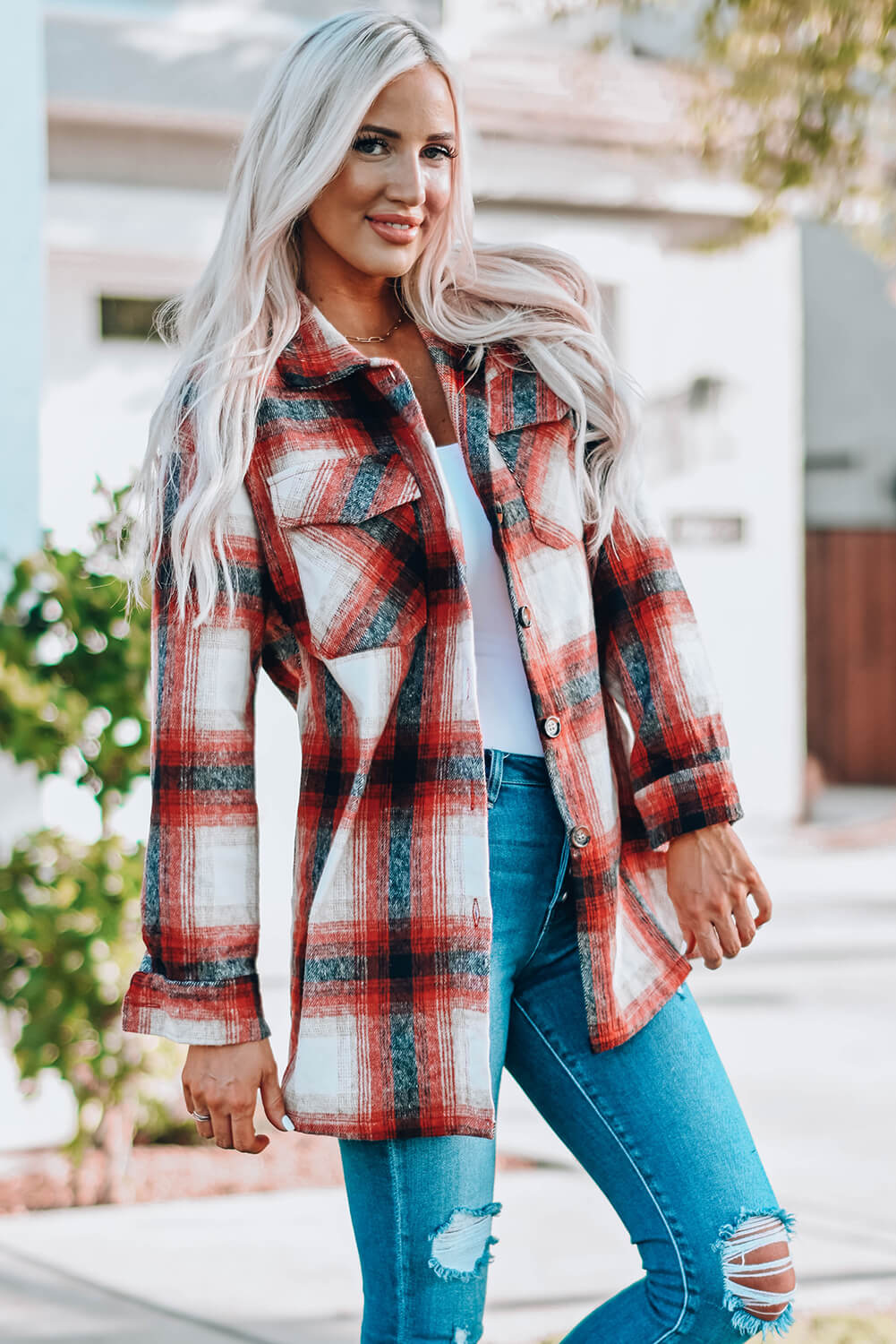Plaid Button Up Shirt Jacket with Pockets The Stout Steer