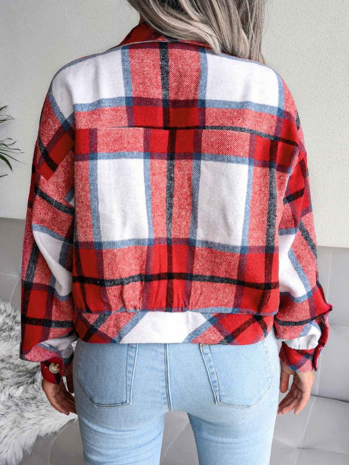 Plaid Collared Neck Drop Shoulder Jacket The Stout Steer