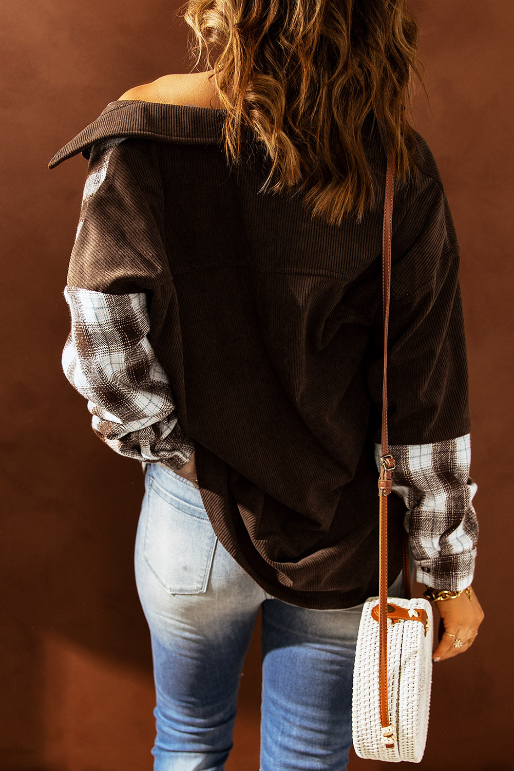 Plaid Color Block Dropped Shoulder Corduroy Shacket The Stout Steer