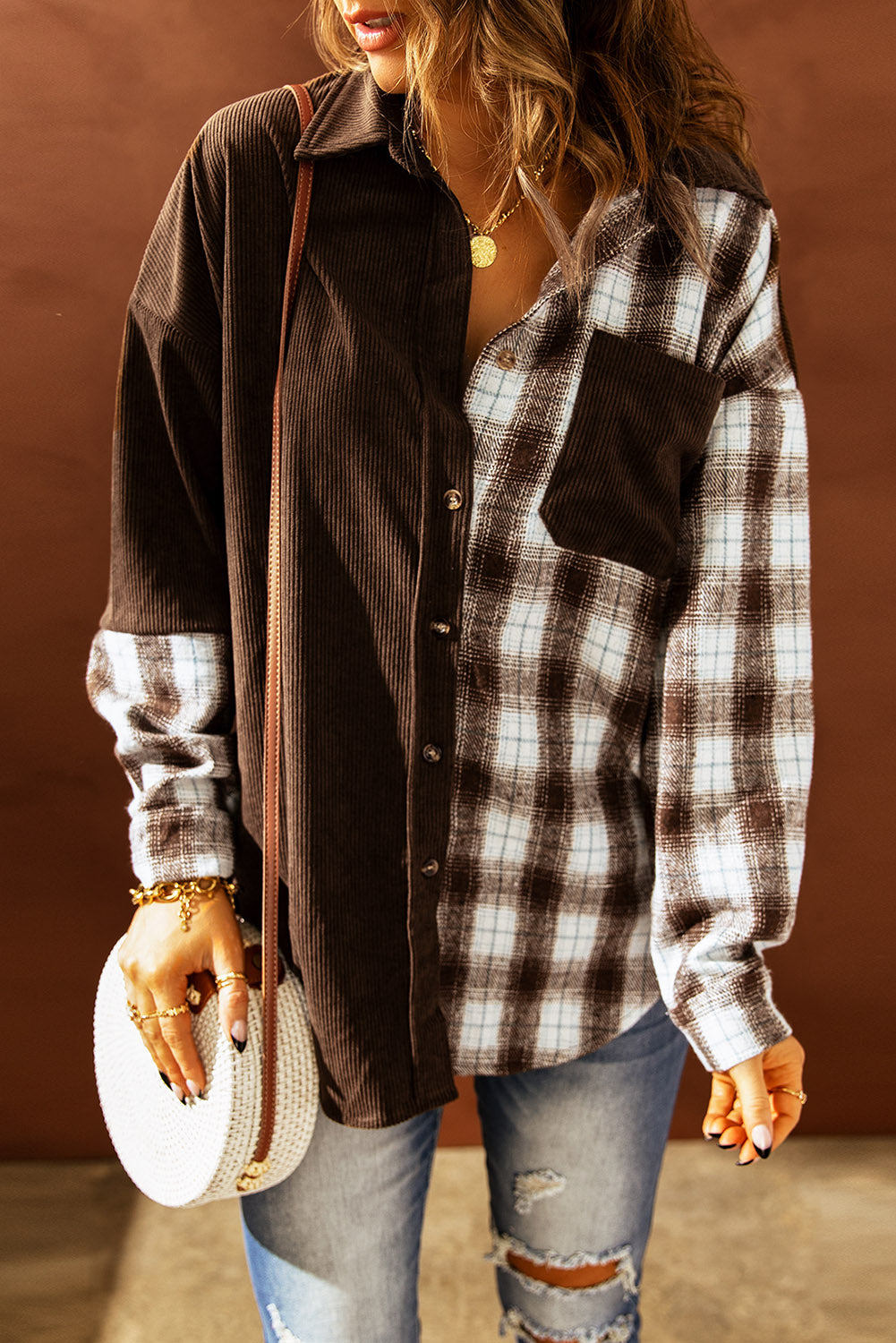 Plaid Color Block Dropped Shoulder Corduroy Shacket The Stout Steer