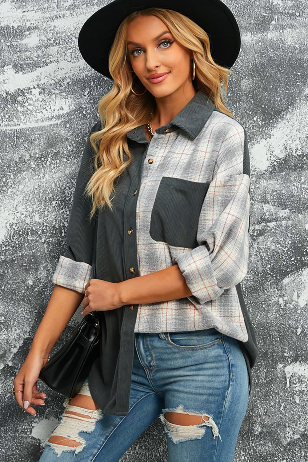 Plaid Color Block Dropped Shoulder Corduroy Shacket The Stout Steer