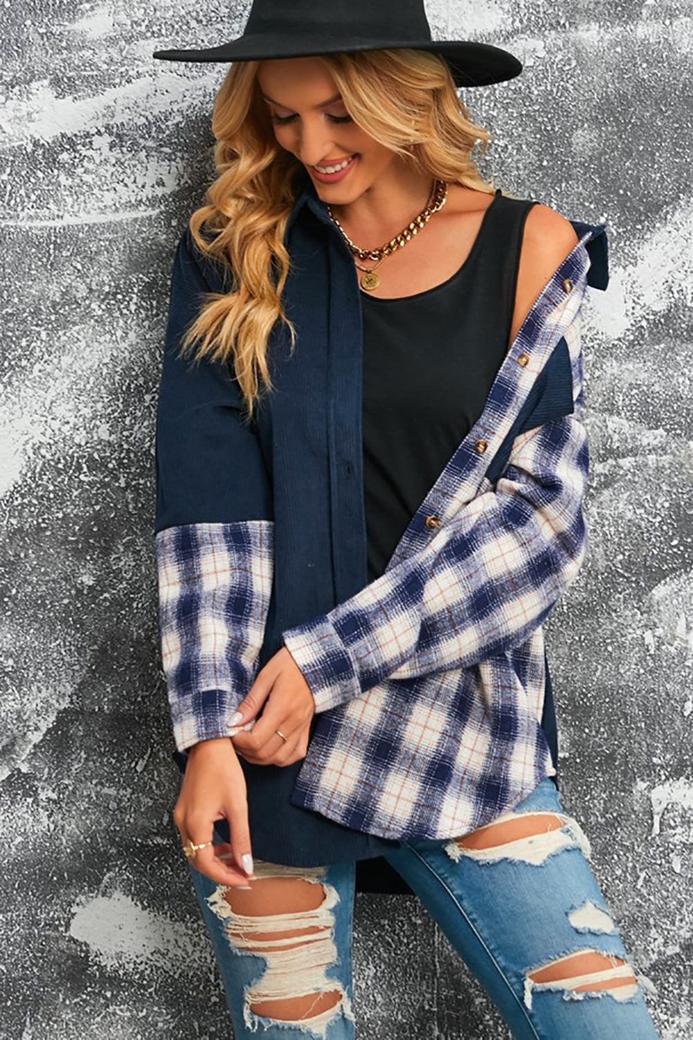 Plaid Color Block Dropped Shoulder Corduroy Shacket The Stout Steer