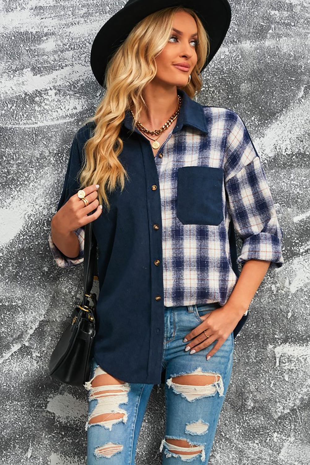 Plaid Color Block Dropped Shoulder Corduroy Shacket The Stout Steer