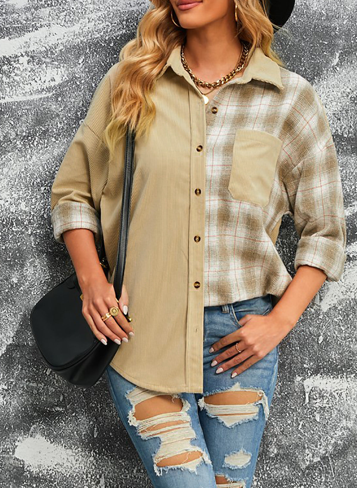 Plaid Color Block Dropped Shoulder Corduroy Shacket The Stout Steer